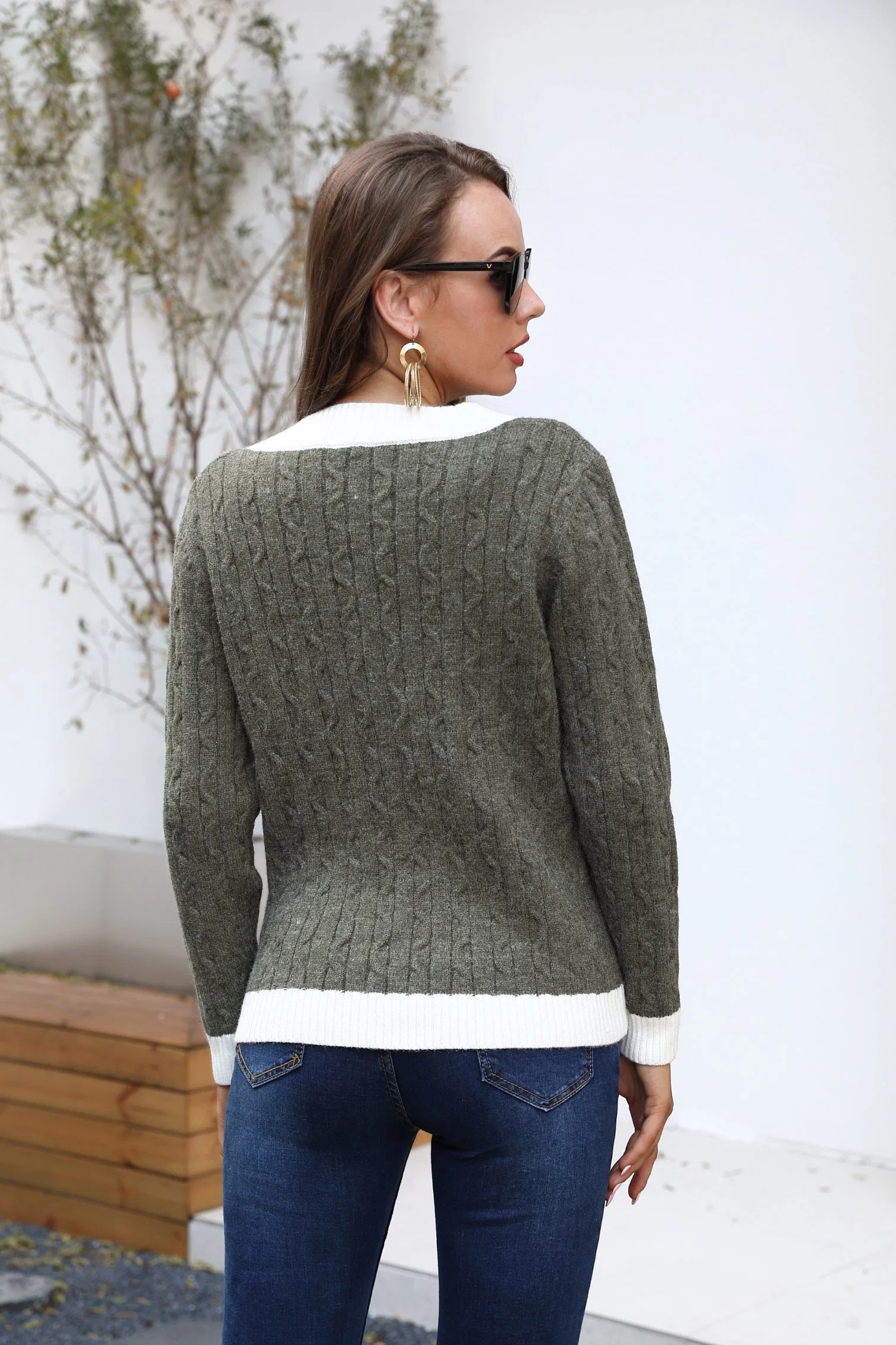 Damen Pullover V-Ausschnitt Lässig Strickjacke Pullover Mäntel Bekleidung Stock