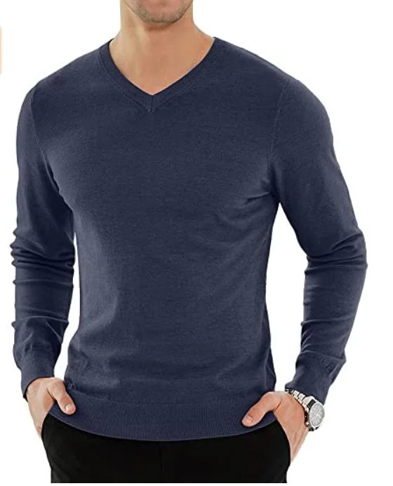 Casual Slim V Neck Pullover Long Sleeve Winter Cotton Sweaters for Men