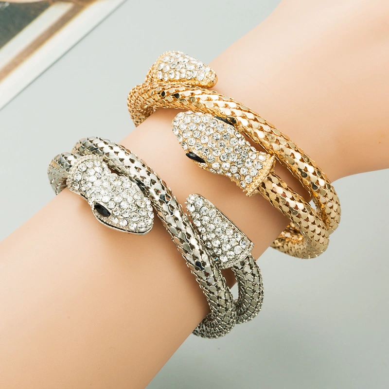 El punk de aleación de oro Mayorista/Proveedor de joyas de la Serpiente chapado en plata de Rhinestones Chunky Declaración Brazalete Serpiente Bangle Bracelet