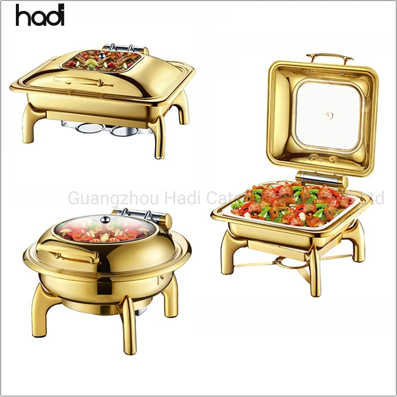 Catering Supplies Commercial 304 Stainless Steel Modern 6L Square Gold Hammered Luxury Chafing Dish Hotel Chafer Buffet Food Warmer for Buffet Hotel