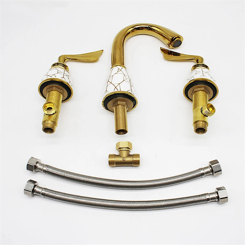 Luxury Golden Finish 3-Piece Set: Deck Mounted Mixer Tap Faucet, Basin Toilet Faucet Set with Dual Handles and Antique Brass Design