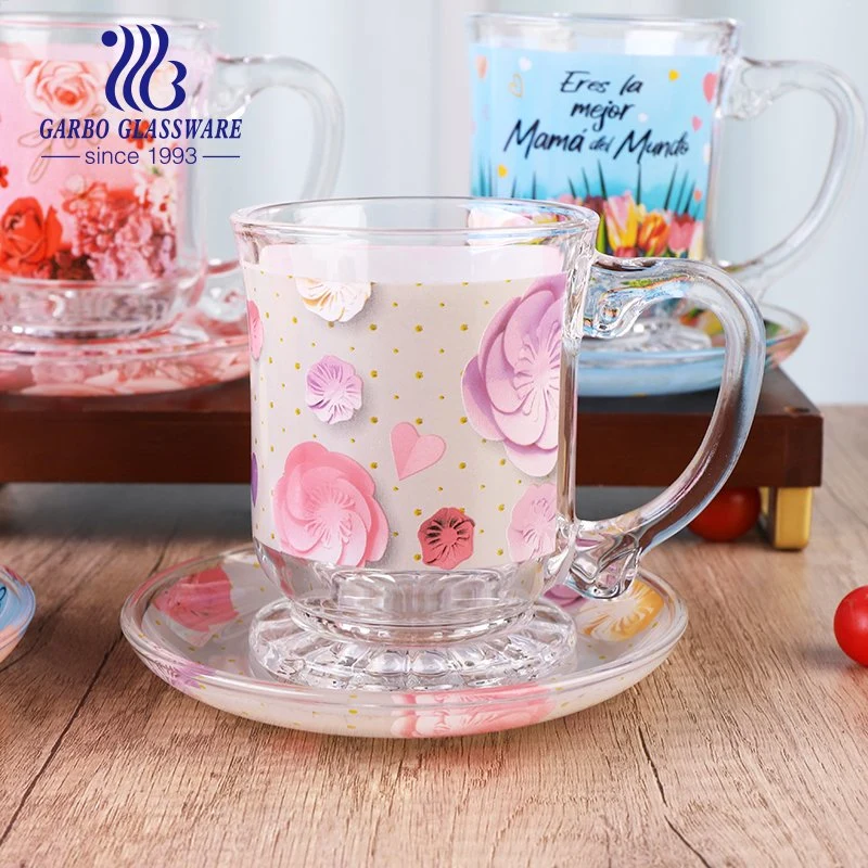 South America Hot Sales Glass Mug and Saucer Set with Full Decal Printing Mother's Day Promotion Customized Glass Cup Set