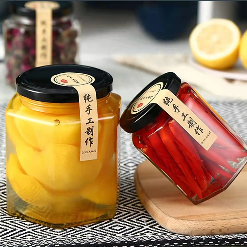 180ml Clear Hexagon Bee Honey Jar Jam Jar Empty Hot Sauce Canning Food Storage Container Glass Bottle with Screw Tinplate Lids