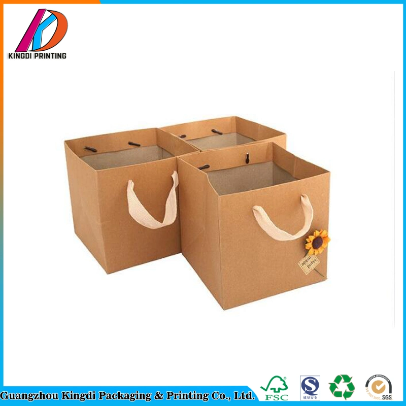 Handmade Thick Square Flower Kraft Paper Bag with Handle