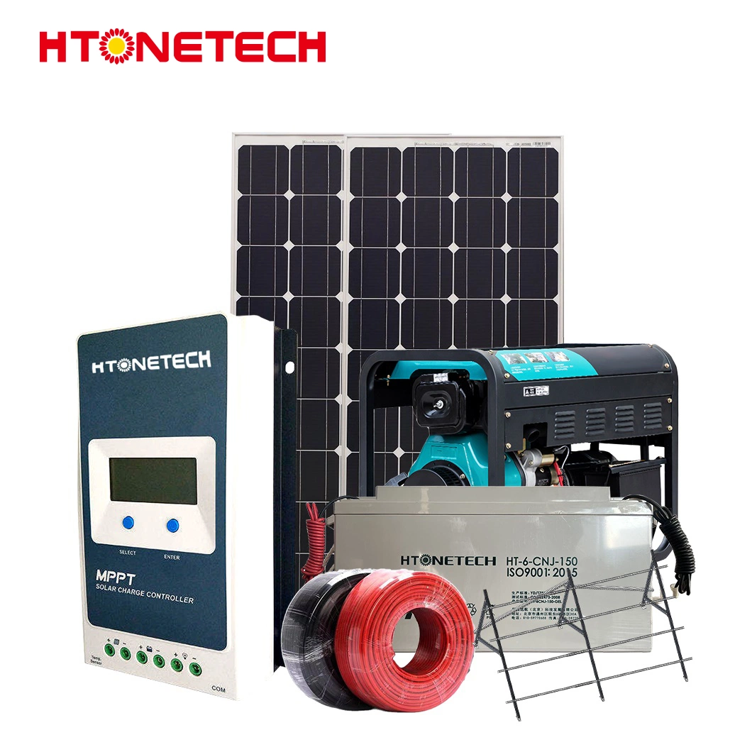 Htonetech Fournisseurs de systèmes solaires hybrides hors réseau en Chine 5 kW 43 kW Panneau solaire mono PERC bifacial 24 kW Générateur diesel Système hybride Kit solaire 5 kW 10 kW.