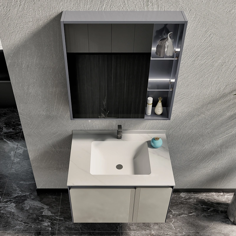 Floating Seamless Marble Wash Basin Cabinet Set Bathroom Vanity with Waterproof Mirror Cabinet
