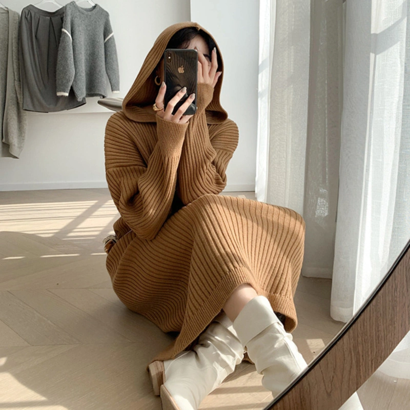 Korean Lazy Wind Hooded Dress Long Hoodie Over The Knee Knitted Long Skirt MID-Length Casual Sweater Bottoming Skirt