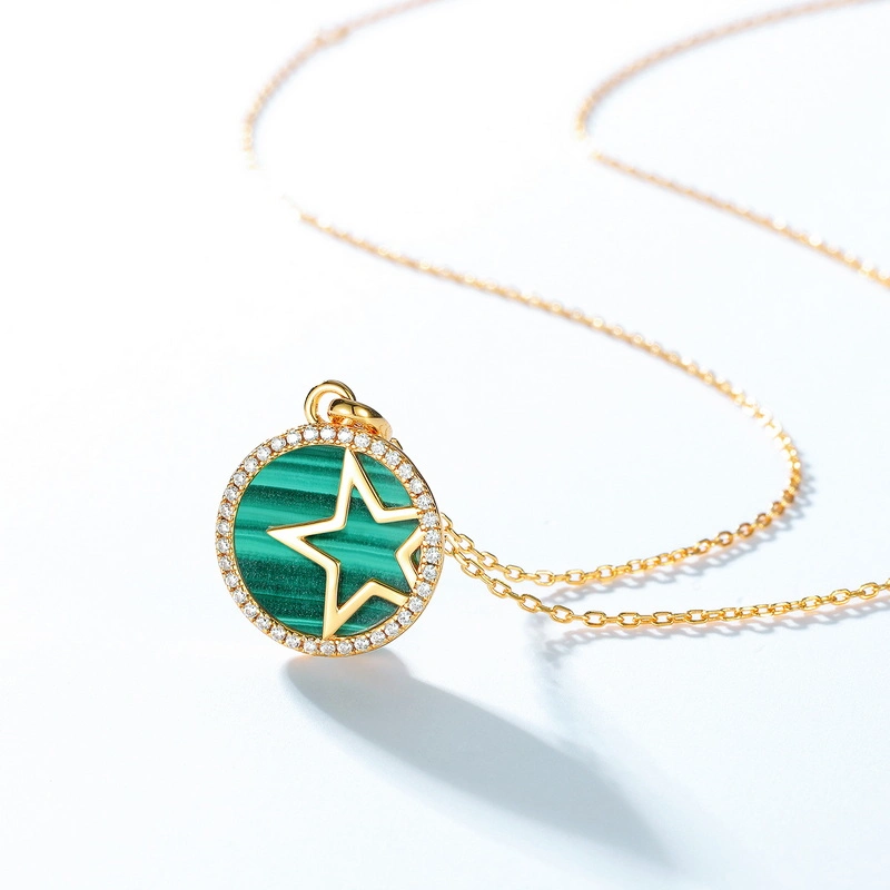 Top Selling Natural Malachite Round Coin Gemstone 925 Silver Gold Plated Chain Dainty Minimalist Layering Necklace for Her