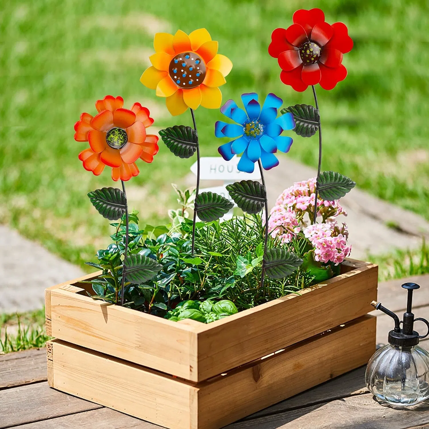 Flower Garden Stakes Decor, Outdoor Metal Colorful Sunflowers Daisy Shaking Head Yard Art, Rust Proof Metal Flower Stick, Indoor Outdoor Pathway Patio Lawn