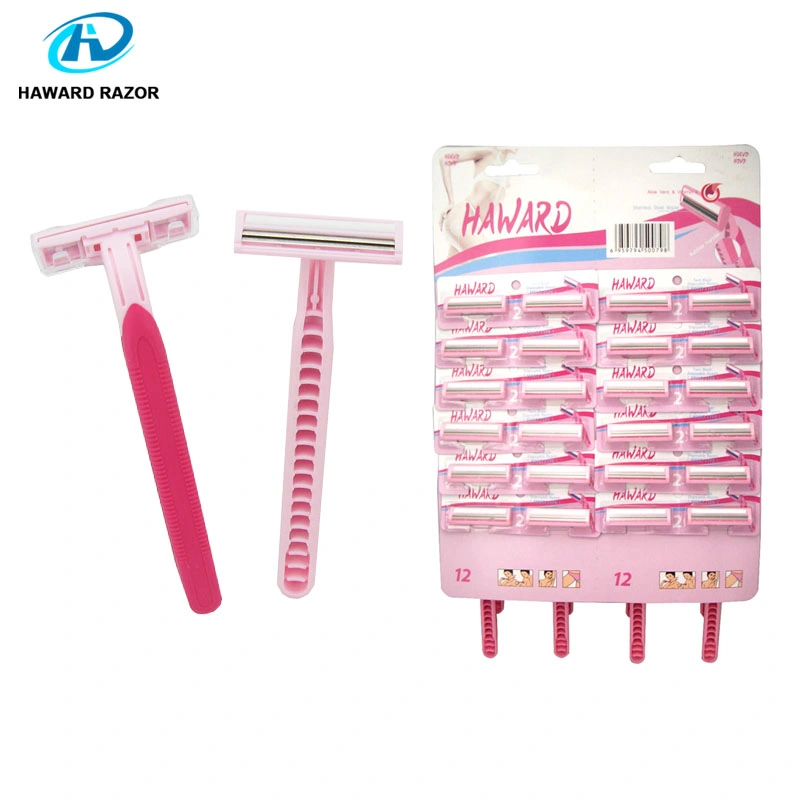 D227L 24 PCS Per Hanging Card Packaging 2 Stainless Steel Blade Women&prime; S Shaving Disposable Razor