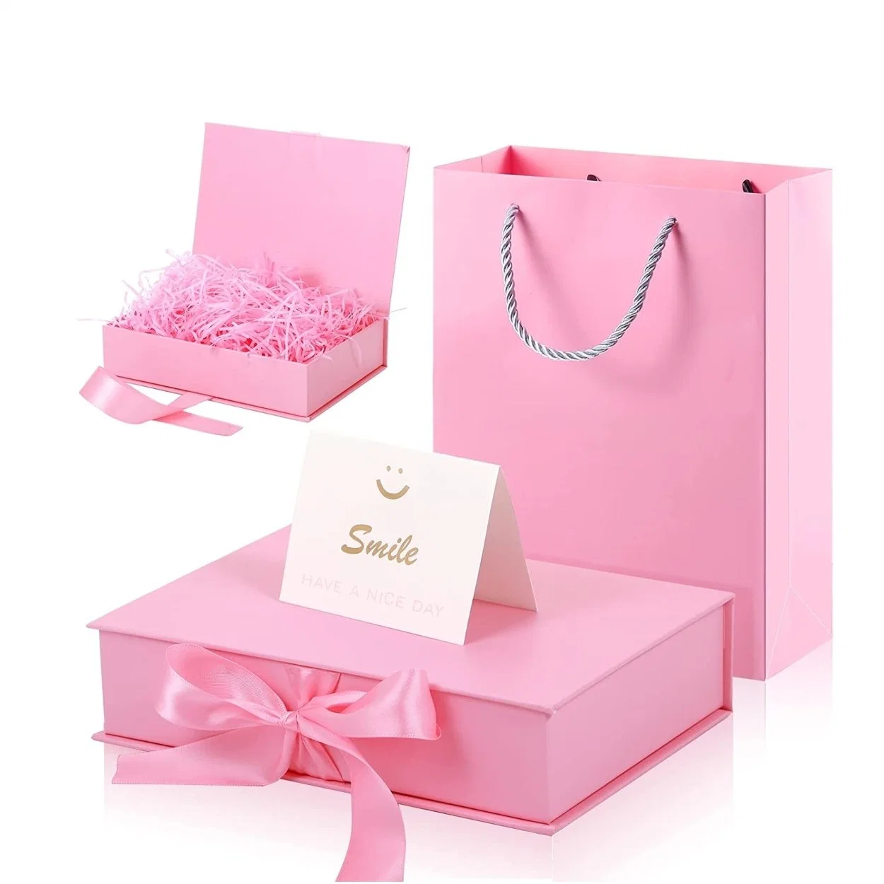 Foldable Customzied Pink Rigid Paper Gift Box with Paper Bag
