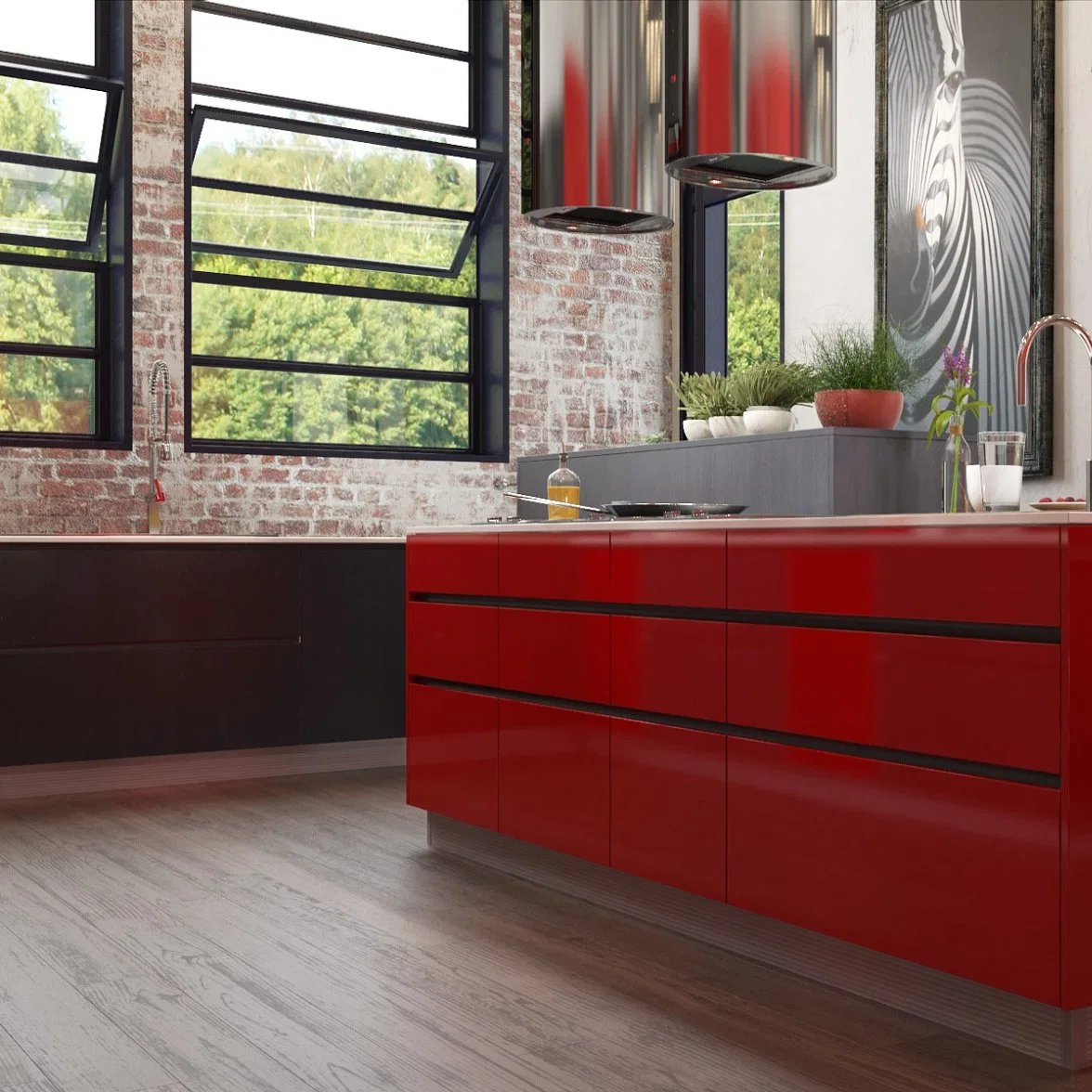 Armoires modernes mobilier Rouge industriel brillant élevé cuisine en bois Armoire