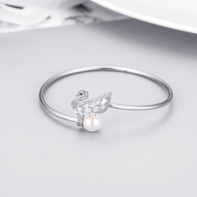 Cubic Zirconia Swan Pearl 925 Sterling Silver Open Bracelet