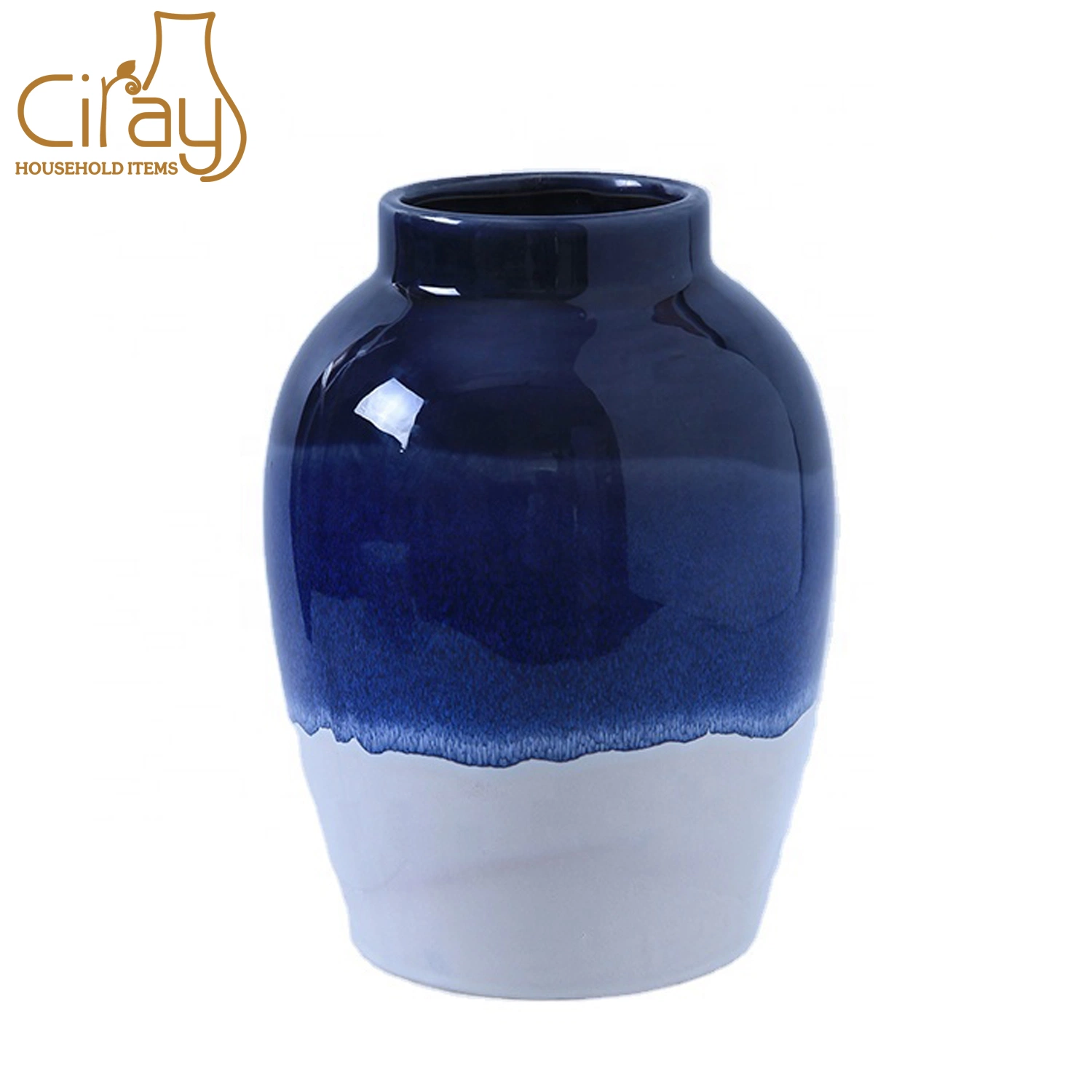 Glossy Navy Blue Color Ceramic Flower Vase with Chinese Style