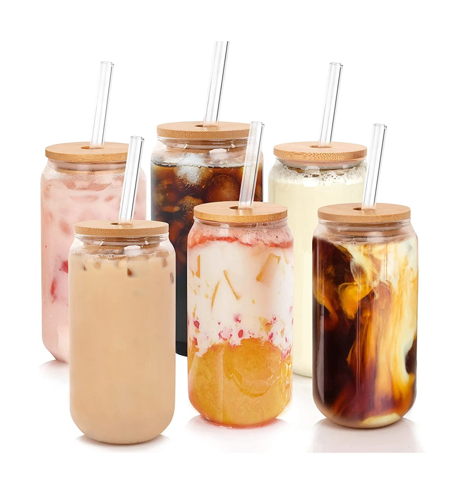 New Style 16 Oz Beer Can Glass with Bamboo Cover and Glass Straw Used for Ice Coffee Cup Smoothies Boba Tea Whisky Water