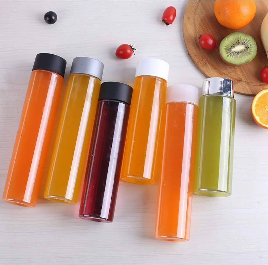 Plastic Creative Milk Tea Bottle 380ml500ml550ml Straight Cylinder Pet Cold Drink Juice Bottle Customized Printing