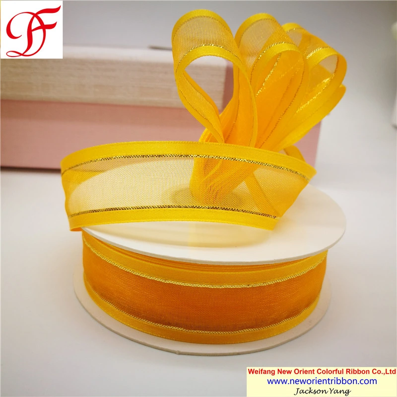 China Exporter/Manufacturer 100% Nylon Metallic Edges Satin Edge Organza Ribbon for Gifts/Wedding/Wrapping