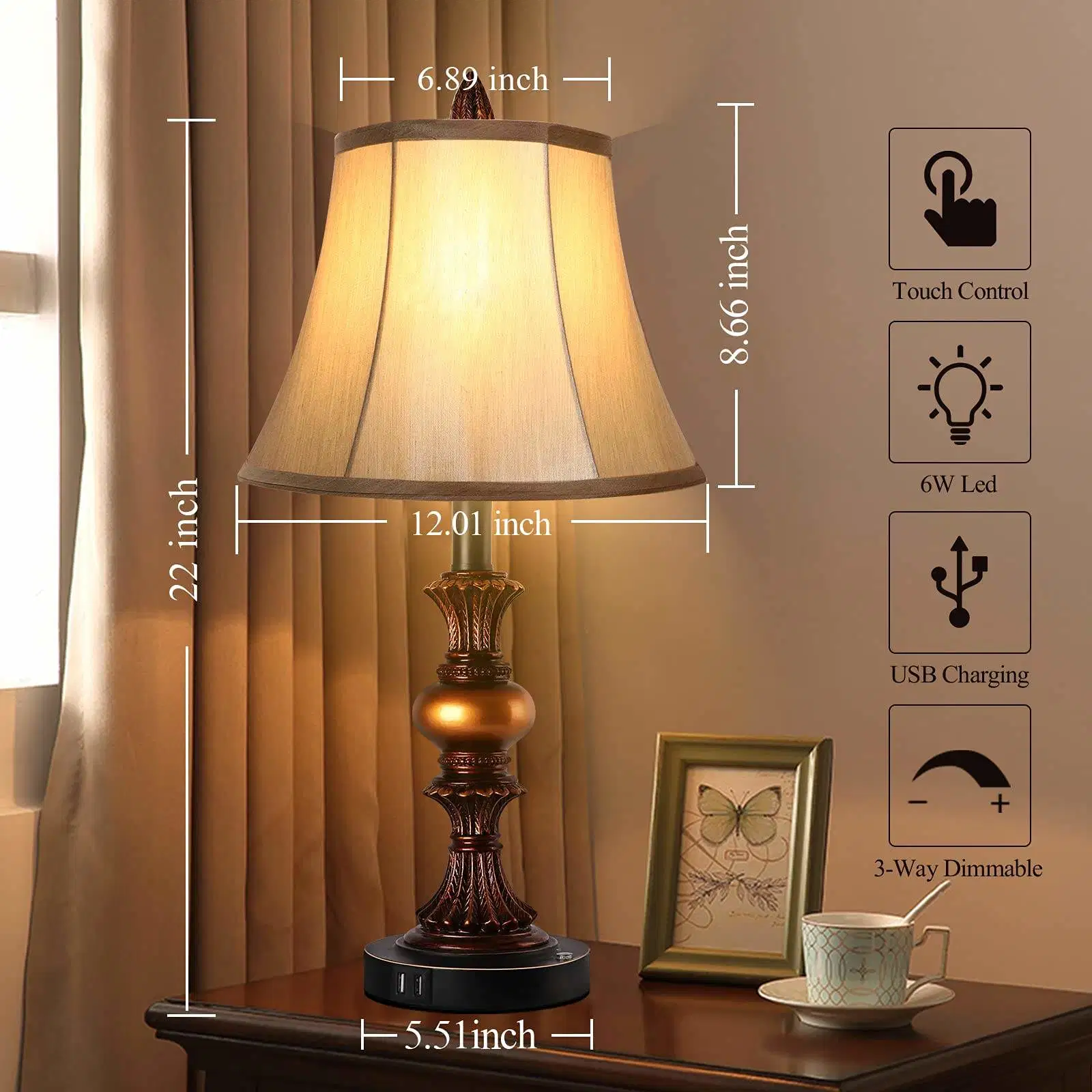 Lâmpada de design Touch Control de 3 vias para venda direta de fábrica Candeeiro de mesa de base de madeira regulável para quarto ou sala de estar