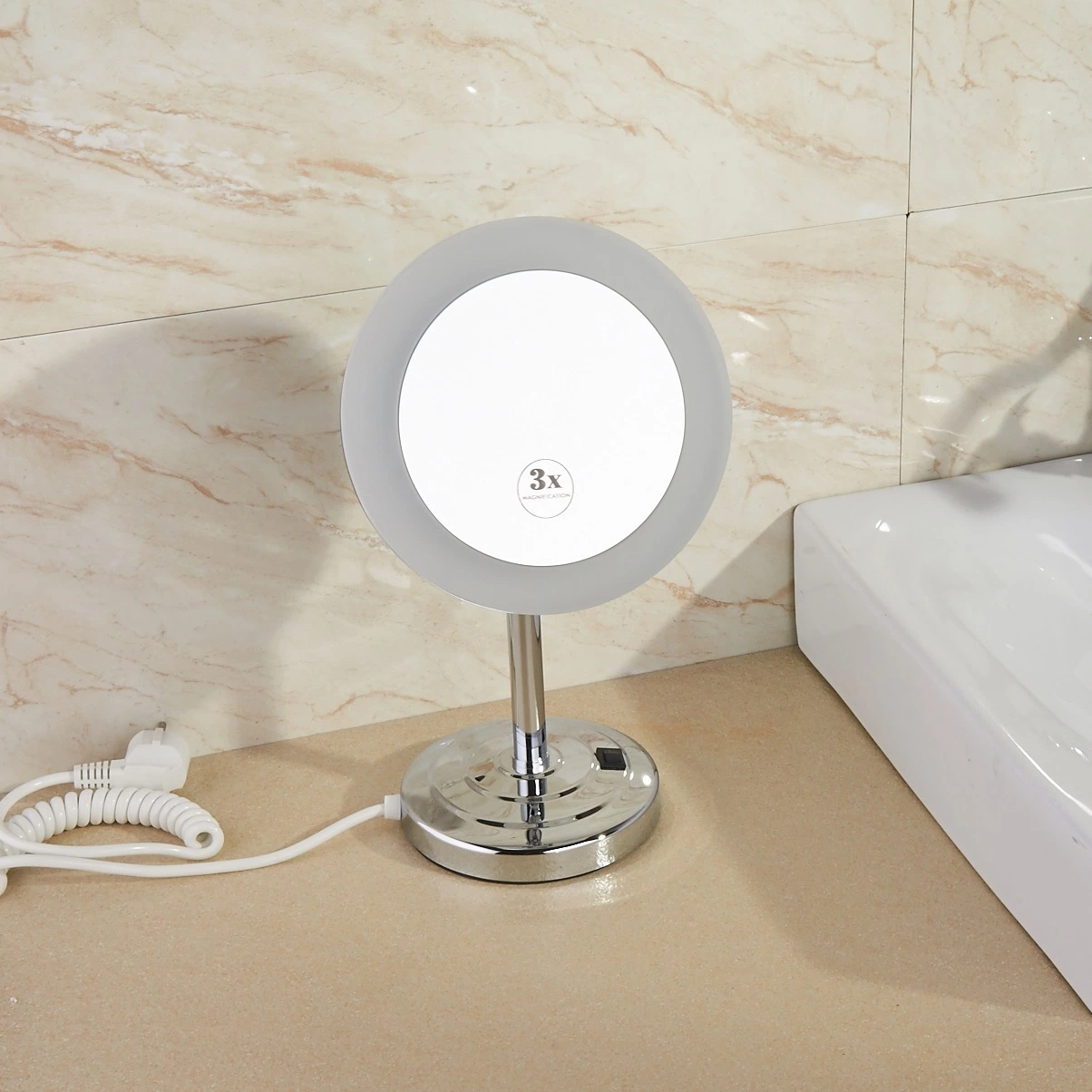 LED 8 pulgadas 3X Magnificante Baño Cuenca cromado Stand Maquillaje Espejo