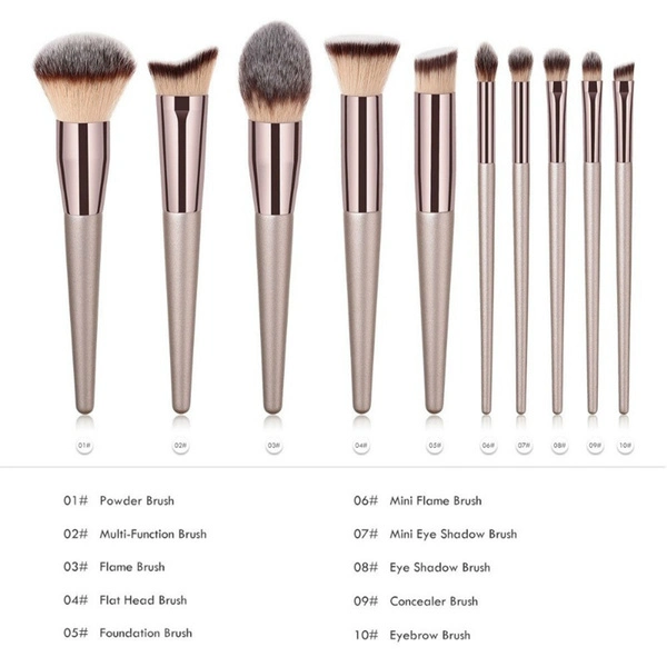 10PCS Fashion Cosmetics Tools Champagne Makeup Brush for Foundation Powder Blush Eyeshadow Concealer Lip Eye Make up Brush Beauty Tools