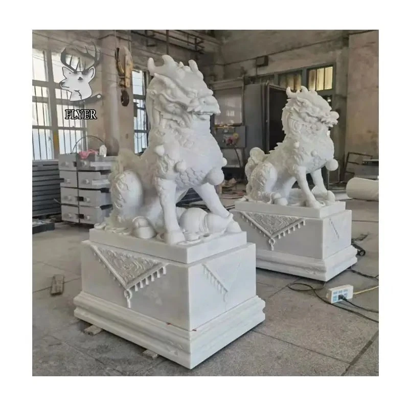 Garden Decoration Chinese Qilin Kylin Stone Carving Statue Feng Shui Marble Sculpture White Marble Kirin Sculpture