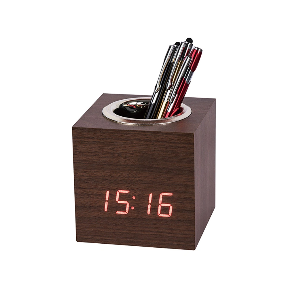 Wood Pen Holder with LED Alarm Clock Smart Gift Pen Collection