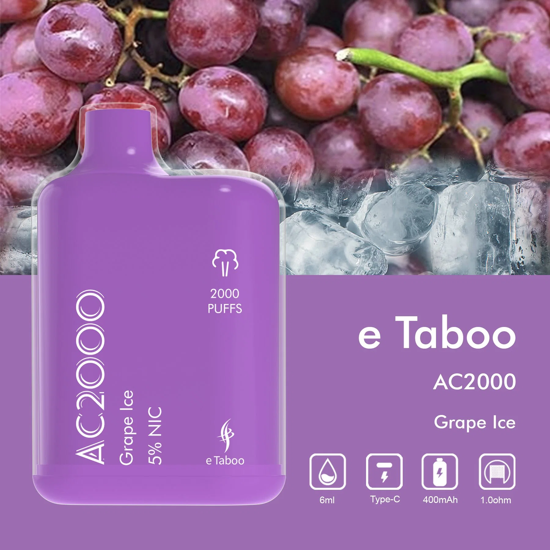 Great Taste Smooth Liquid E Taboo AC2000 2000 Puff Disposable/Chargeable Vape Mod Dual Color Original E Cigarette