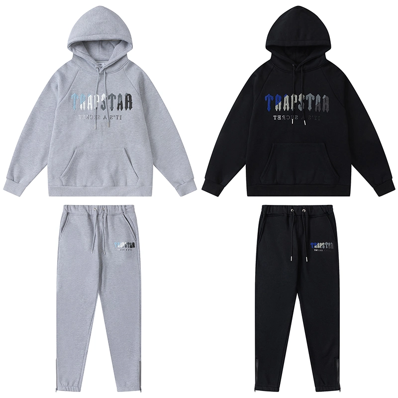Hooded Gray and Black Two-Piece Men Tracksuits Brand Logo Blue Gray Towel Embroidery Hoodies and Pants Fashion Leisure Sportswear