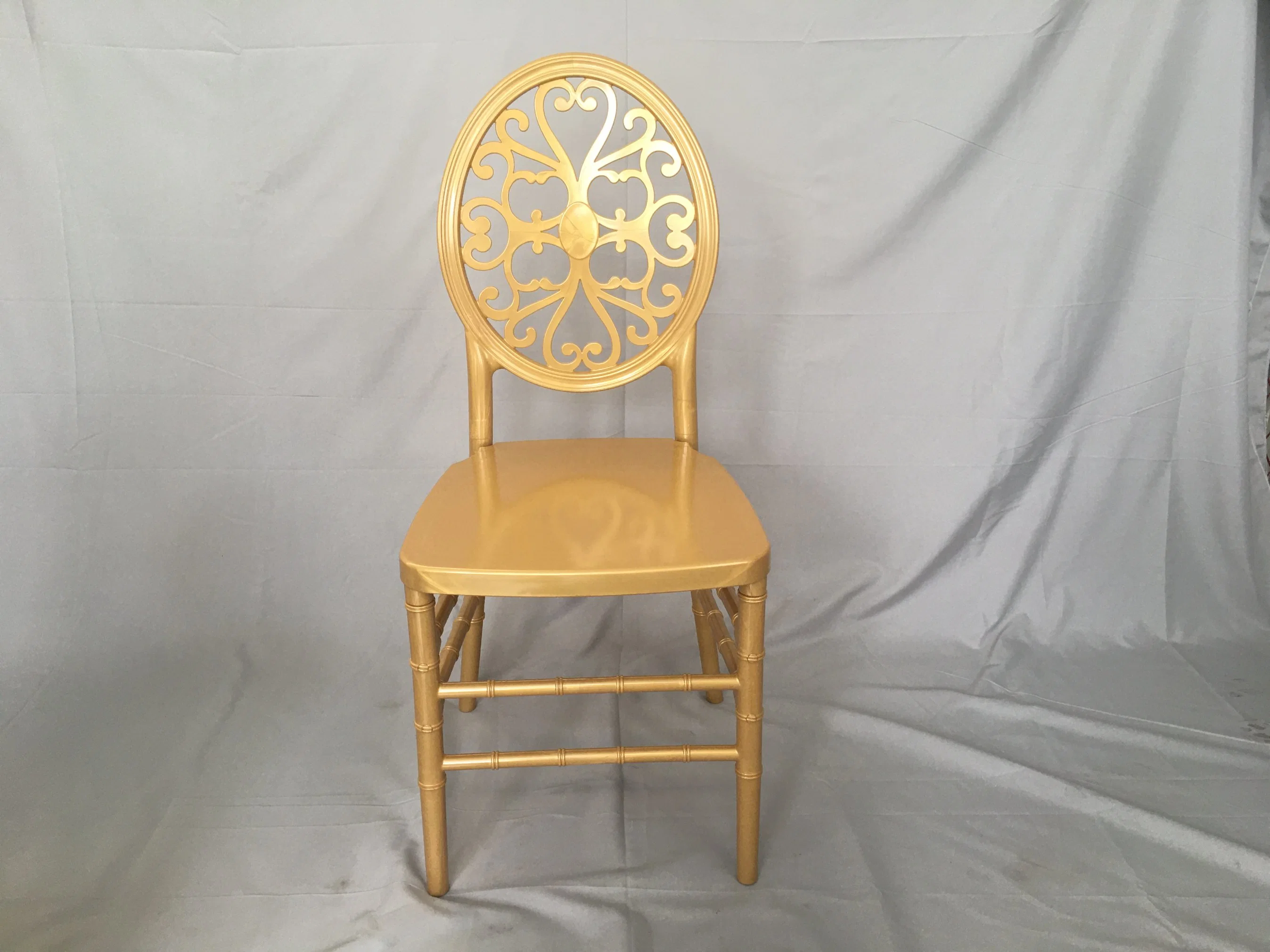 New Design Hotel Furniture Gold Color Resin PC Chiavari Tiffany Chair Flower Back Wedding Banquet Chairs