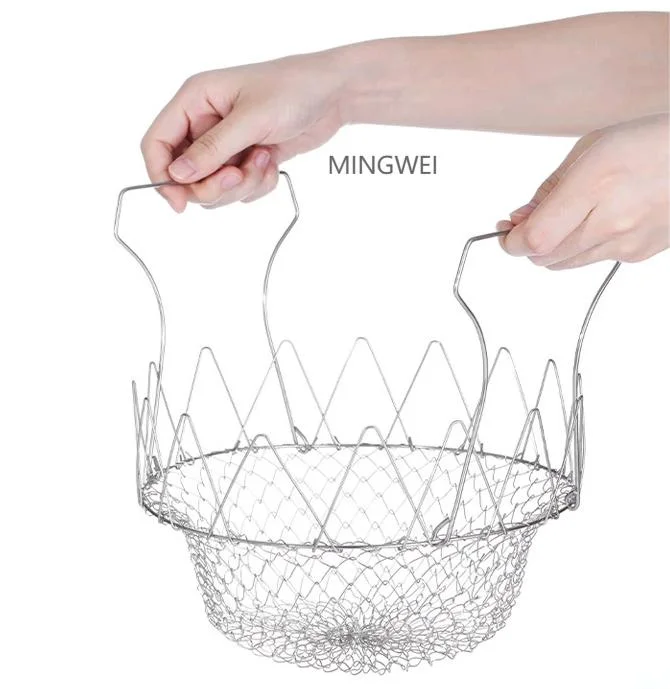 Mingwei 304 Stainless Steel Foldable Frying Basket Magic Mesh Basket Strainer Net Kitchen Cooking Tool