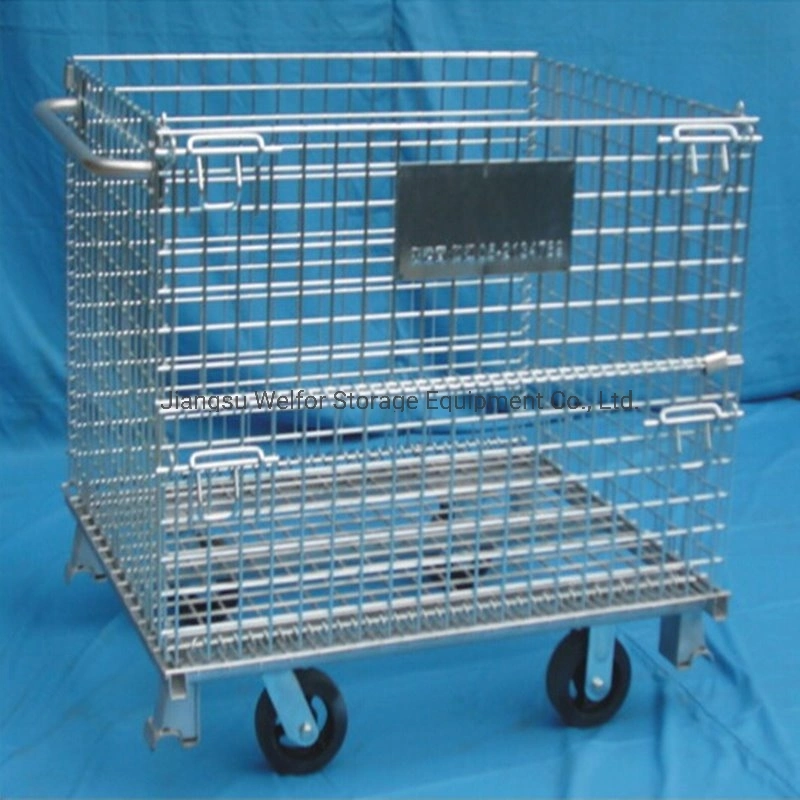 Stackable Folded Galvanized Steel Welded Heavy Duty Wire Mesh Container with Wheels