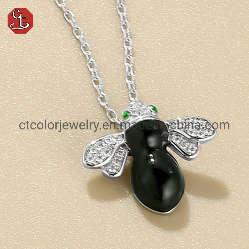 Cute Animal Model Green Enamel Zirconia Bee Ring Earrings Necklace Jewelry Set