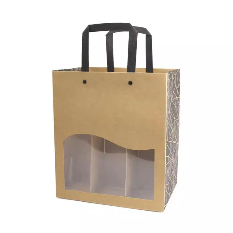 Brown Kraft Beer Bottle Paper Bag with Plastic Handle