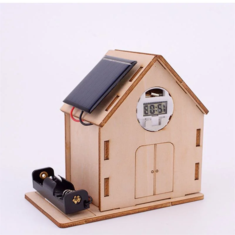 Solar Powered DIY Clock Cabin Stem Toy Wooden Crafts