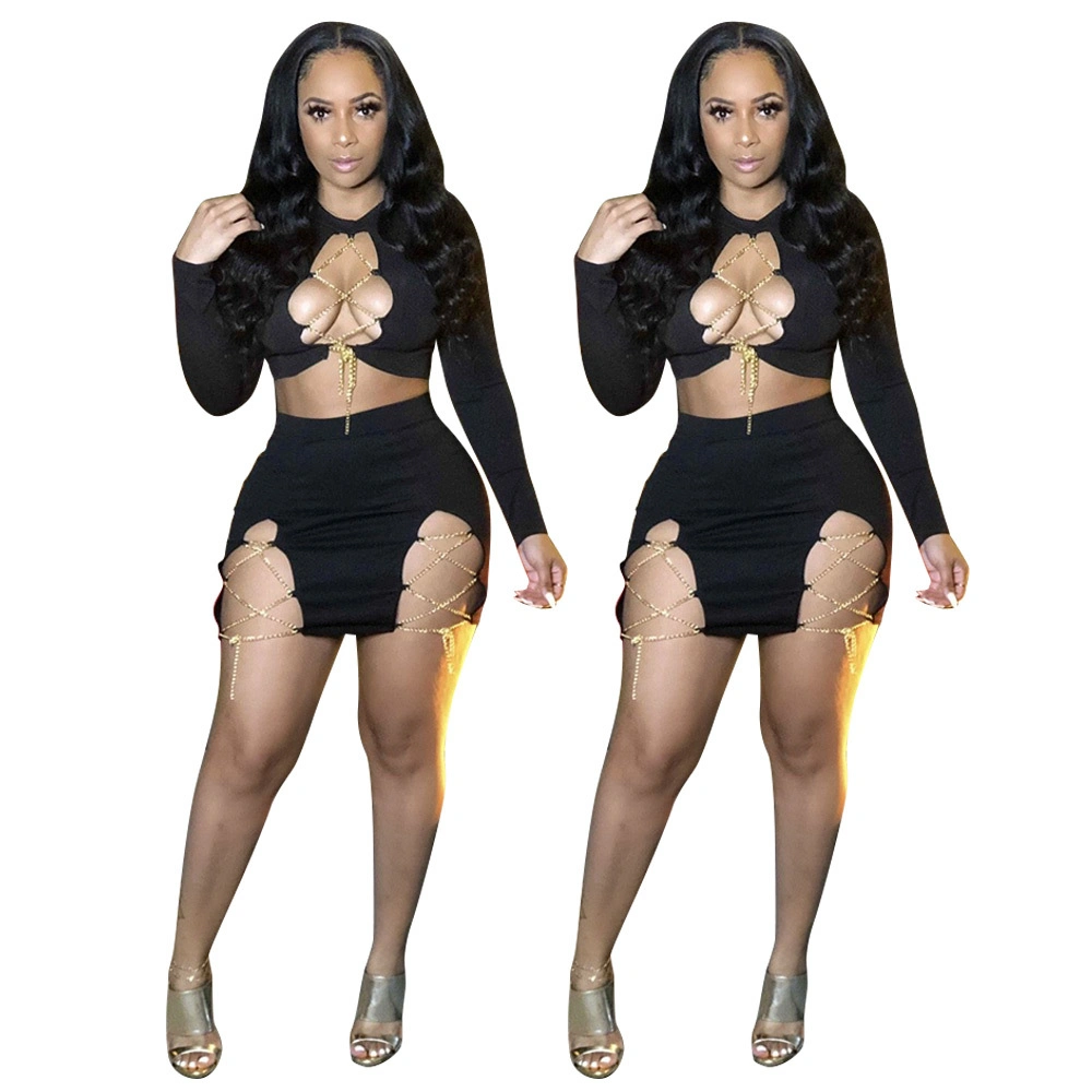 Latest Fashion Sexy Clubwear Black Tie up Chest Hollow Two Piece Short Set Women Clothing