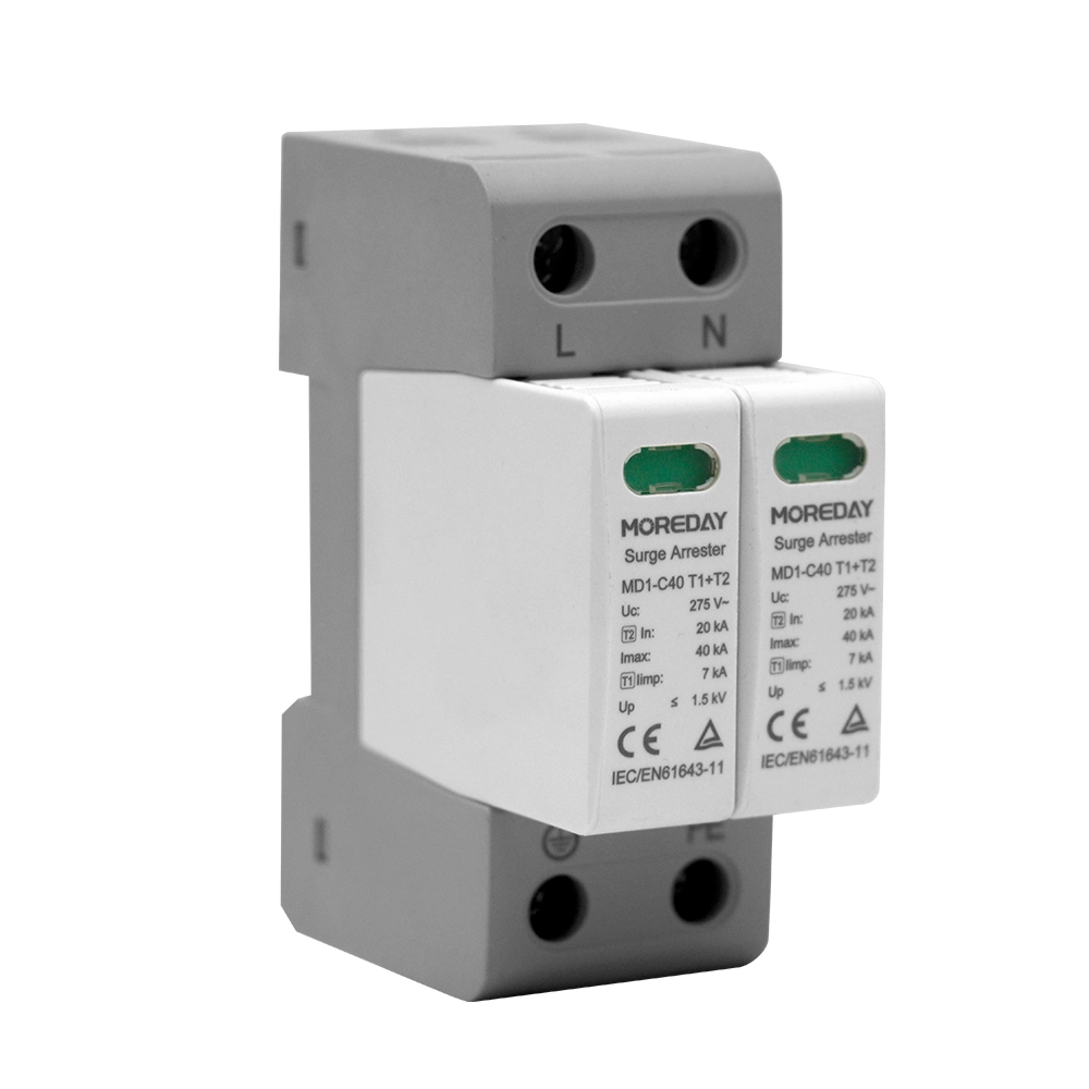 Conexión L-N/PE de alta calidad clase I+II, B+C, T1+ T2 Iimp 2pole/2p 40kA 275V dispositivo protector contra transitorios ac SPD