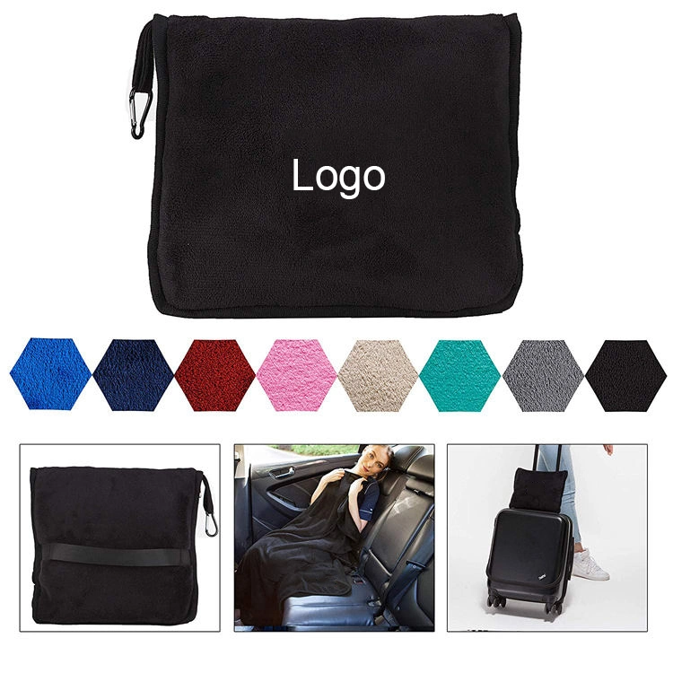 Custom Logo Hand Luggage Belt Travel Pillow Blanket Set in Pouch Airplane Sofa Fleece Throw Blanket with Bag