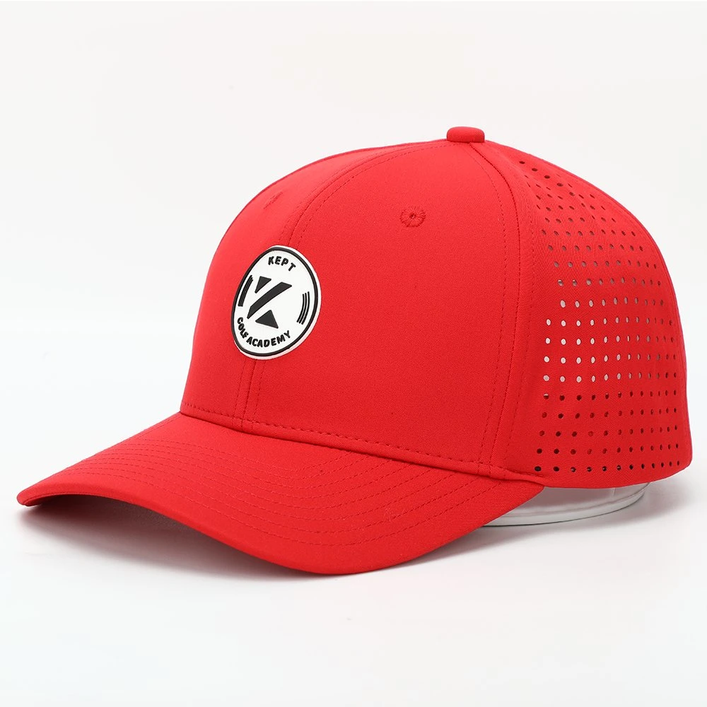 Dephens China Premium Supplier Customized Red Flat 3D Embroidery Perforated Caps Hats 6 Panel Structured Fitted Snap Back Snapback Baseball Golf Hat Cap