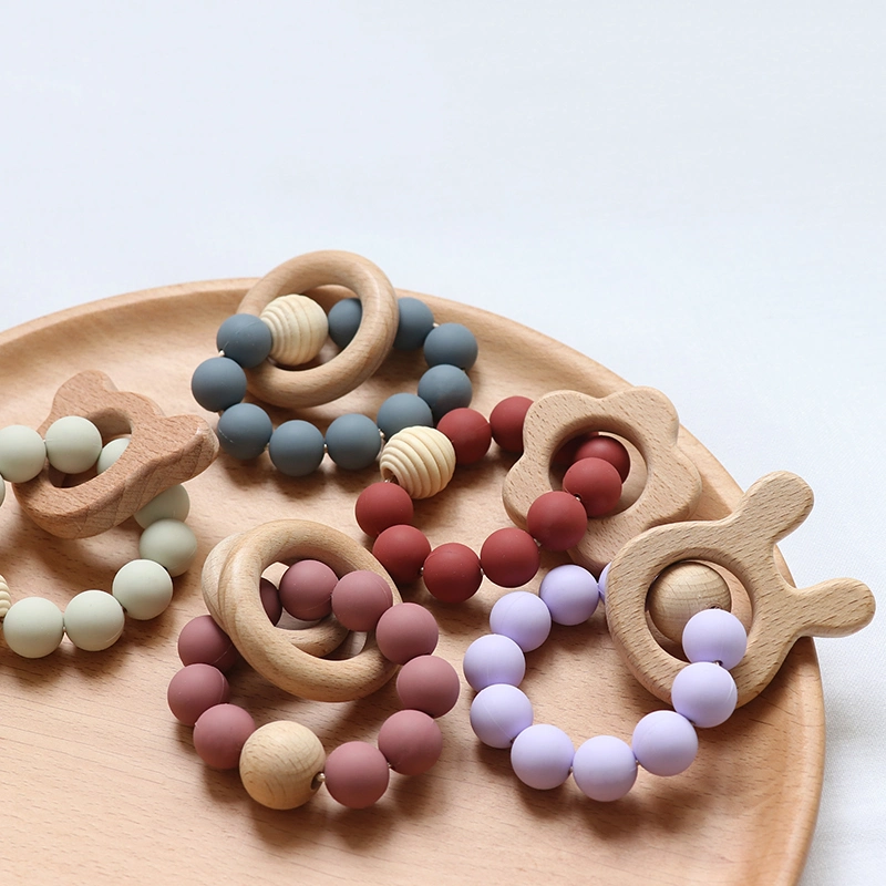 Wholesale Baby Teether Circle Pacifier Ring Dummy Wooden Silicone Teething Toy Ring for Infant