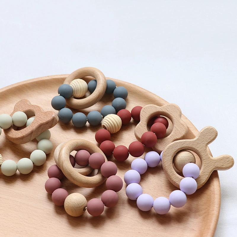 Wholesale/Supplier Baby Teether Circle Pacifier Ring Dummy Wooden Silicone Teething Toy Ring for Infant