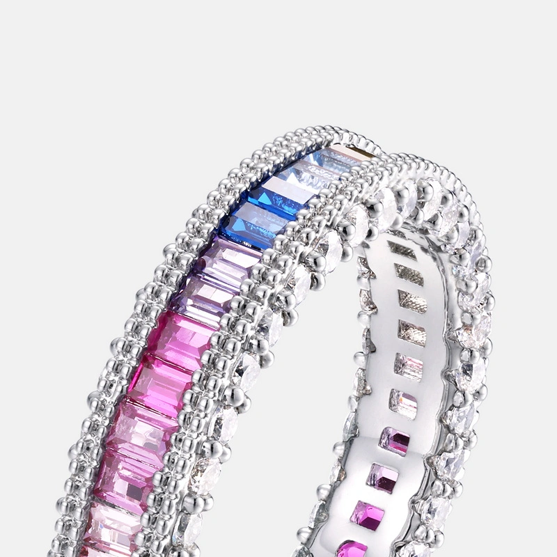 Mode Sterling Silber Rainbow Baguette Schnitt und Runde Schnitt CZ Ring Luxus Silberschmuck