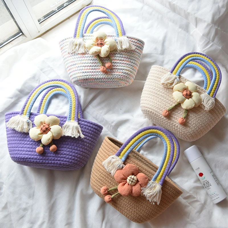 Version coréenne de la tendance de la corde de coton sac à main rouge Net tout ce petit sac à main de style des affaires étrangères de fleurs fraîches Sac tressé Rainbow poignée de paille