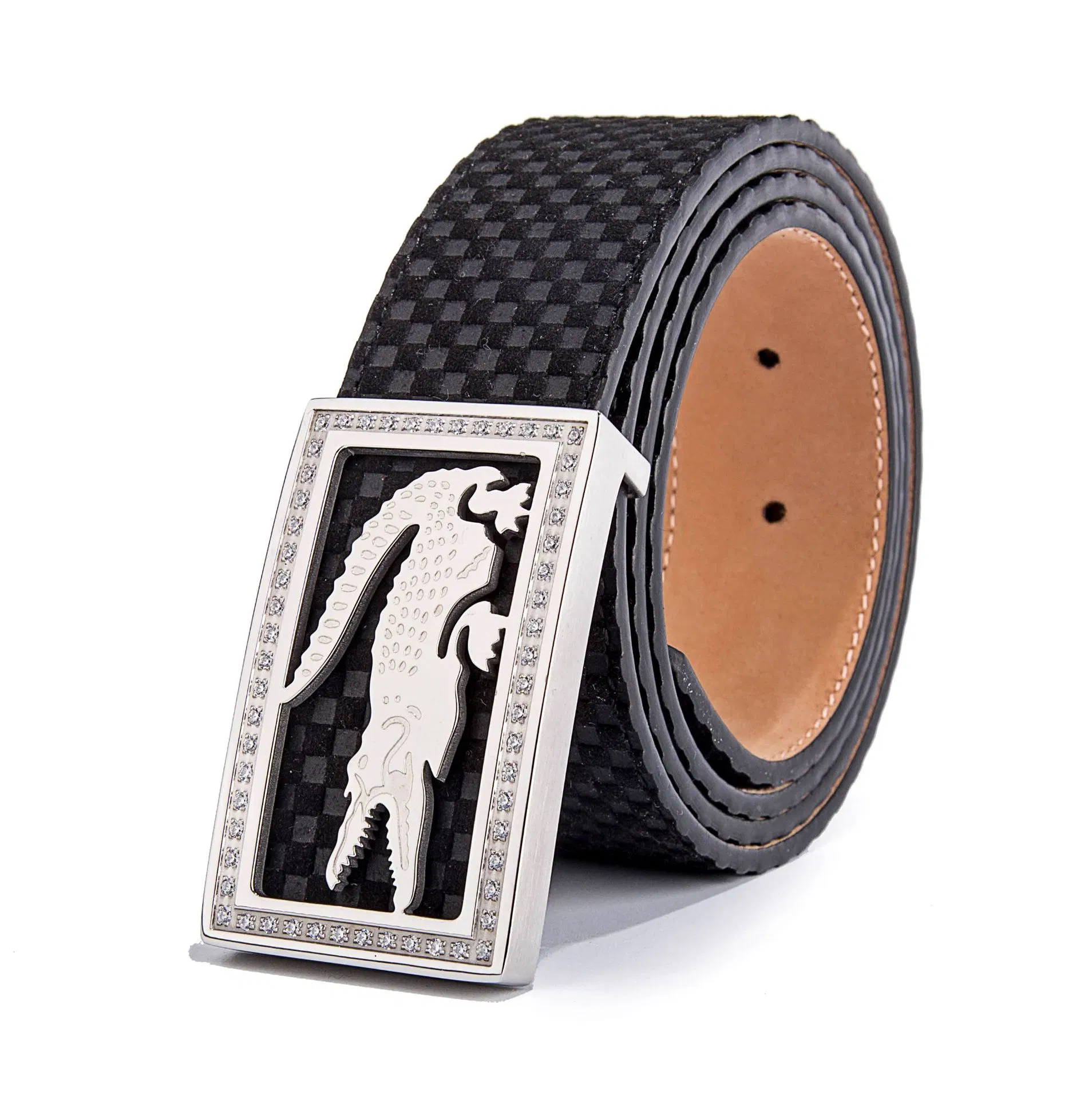 Men's Zircon Stainless Steel Buckle Exquisite Small Plaid Cowhide Belt