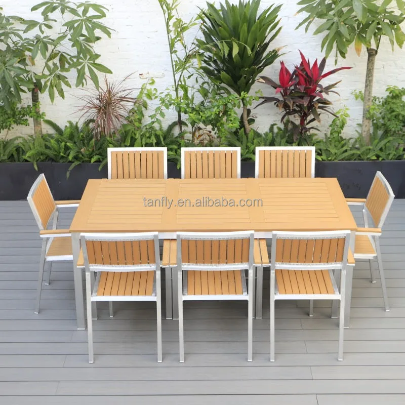 طاولة خارجية خارجية حديثة مع كرسي خارجي وأثاث خشبي من البلاستيك مجموعات أثاث فناء من الألومنيوم للحديقة