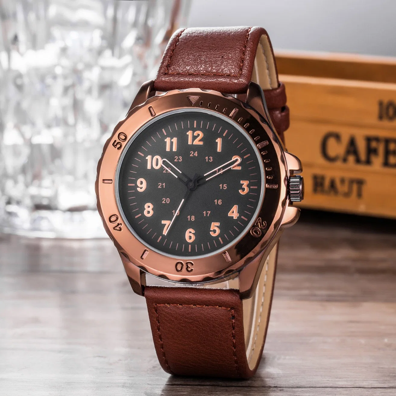 Fashion Leather Analog Clock Zone Men Sport Wrist Watch Wy-17015