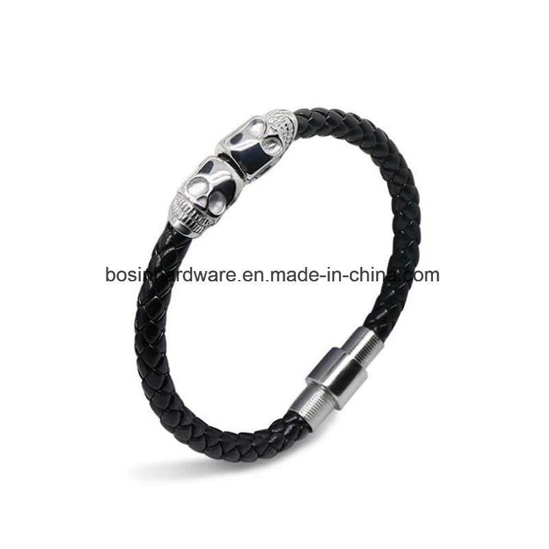 Men Gold Stainless Steel Skull Leather Bracelet