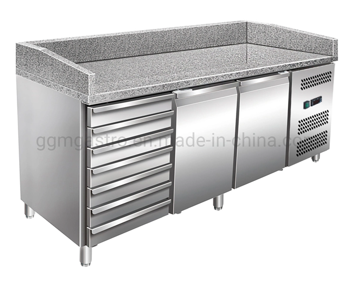 Top Display Professional Stainless Steel and Marble Refrigerator Counter Pizza Prep Table