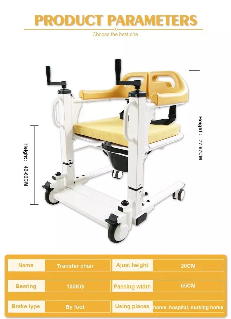 Chaise de transfert de patient pliante en aluminium avec commode, chaise de transfert multifonctionnelle pour les soins infirmiers, fauteuil roulant manuel de transfert.