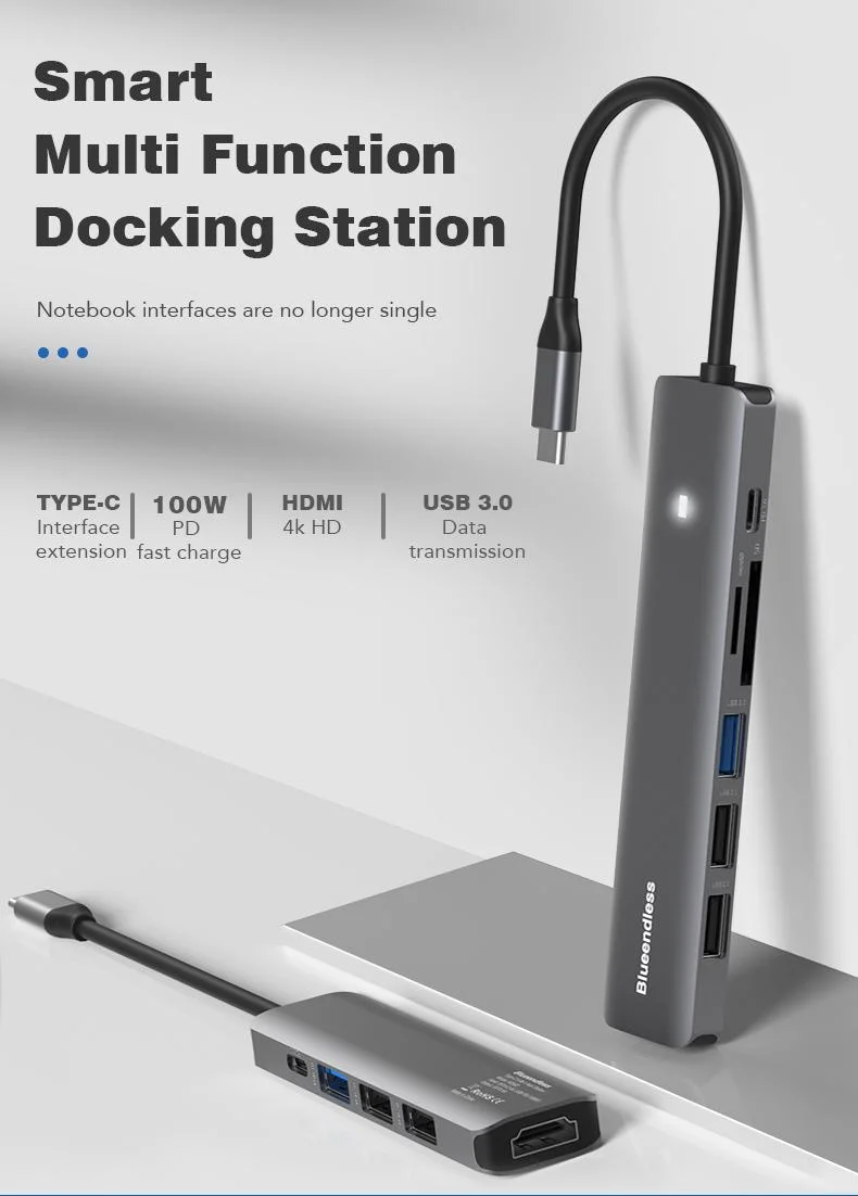 Hub USB-C com saída de potência de 100 W, portas de áudio e microfone para viagens