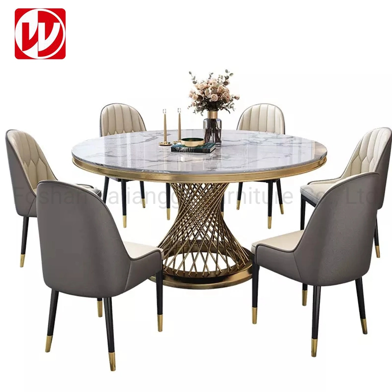 Diseño moderno, Muebles de Comedor mesa de comedor de mármol con sillas para banquetes de acero inoxidable Oro